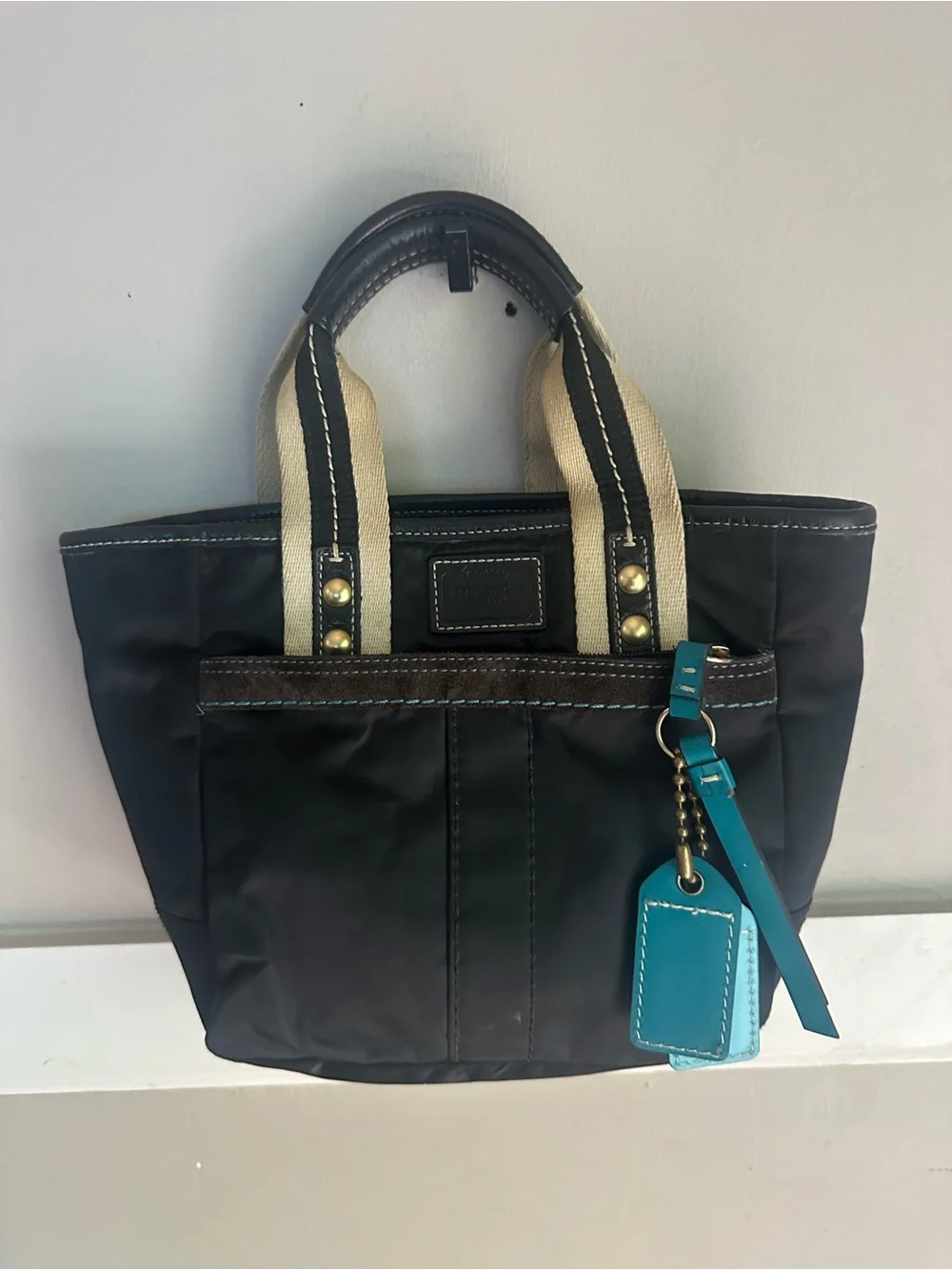 Vintage Coach Black Tote Bag with Teal Accent - Women Bags
